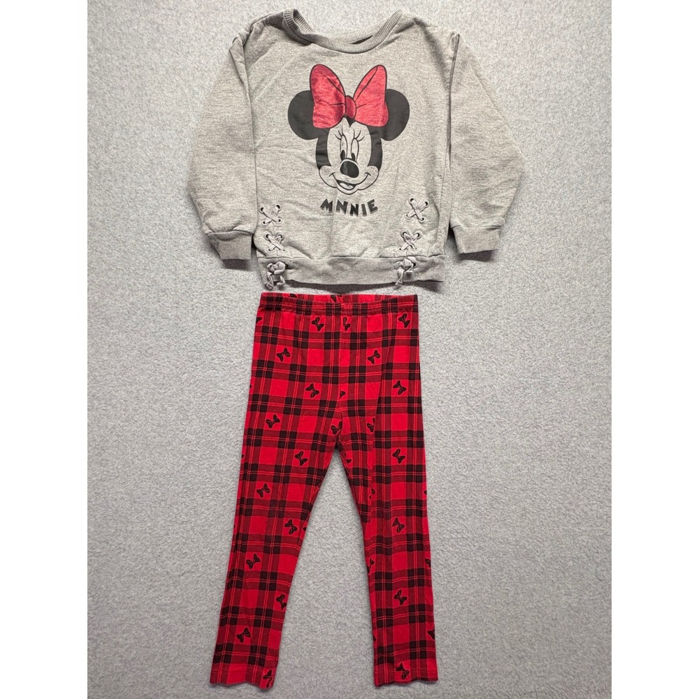 Disney Minnie Mouse Girls 5T Sweatshirt and Plaid Leggings Set Grey Red 2pc